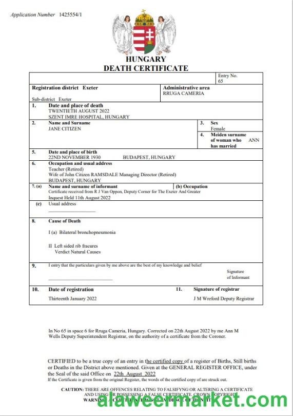 Hungary vital record death certificate Word and PDF templat
